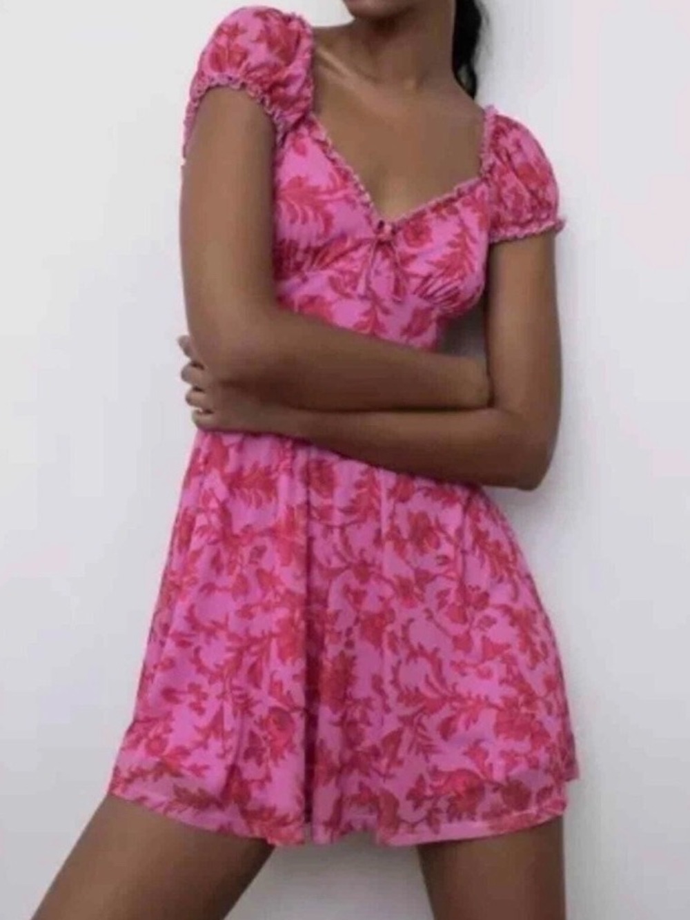 Urban Outfitters Pink Floral Puff-Sleeve Mini Dress